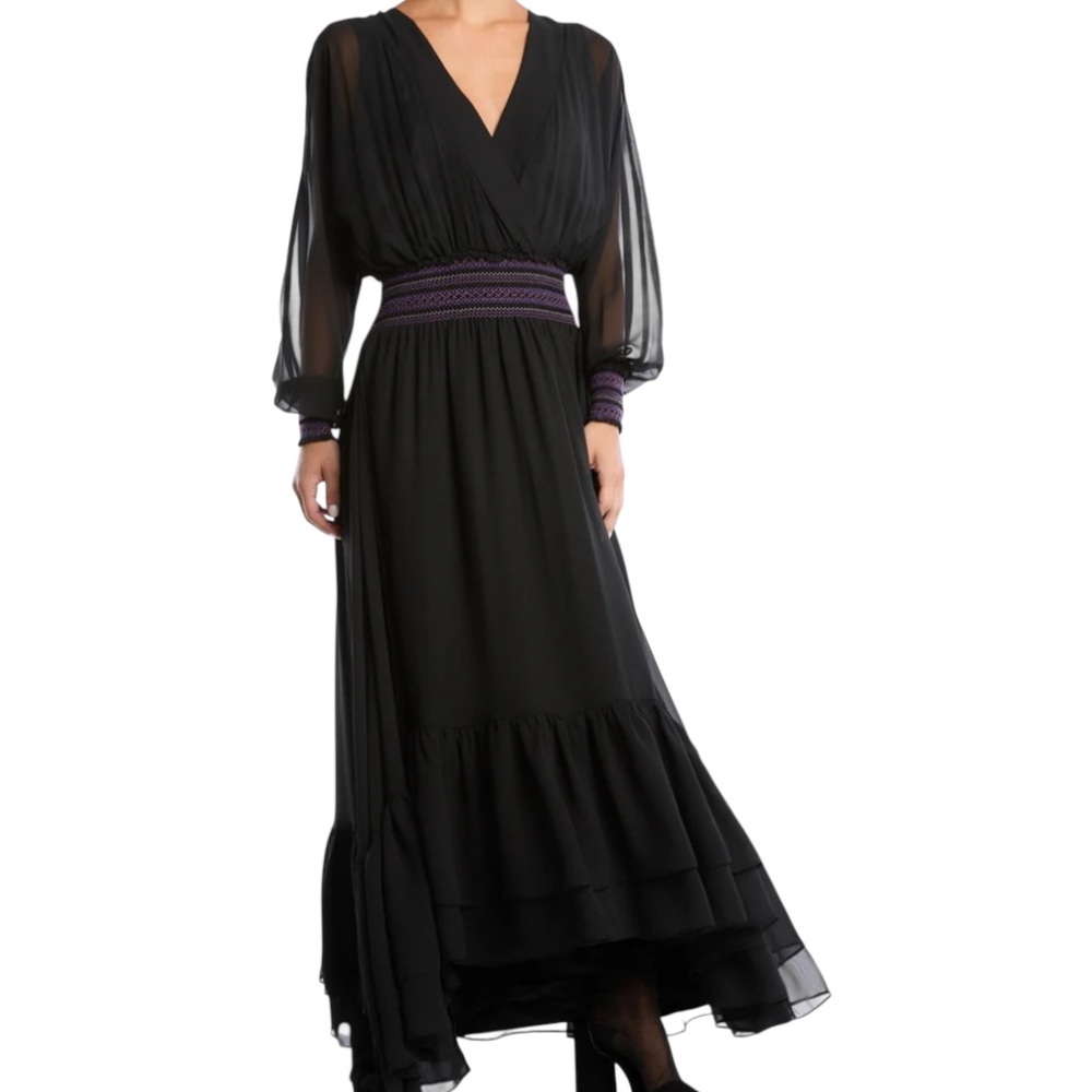 Anthropologie Maxi Dress Long Sleeve Smocked Waist Ruffled Black XS NWT